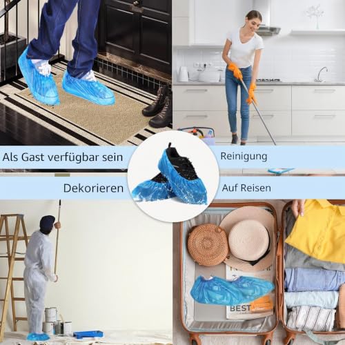 Pack of 100 Disposable Shoe Covers Waterproof & Non-Slip - Robust CPE Overshoes for Household, Cleaning, Laboratory, Guests, Construction Site, Indoor - Universal Size Blue