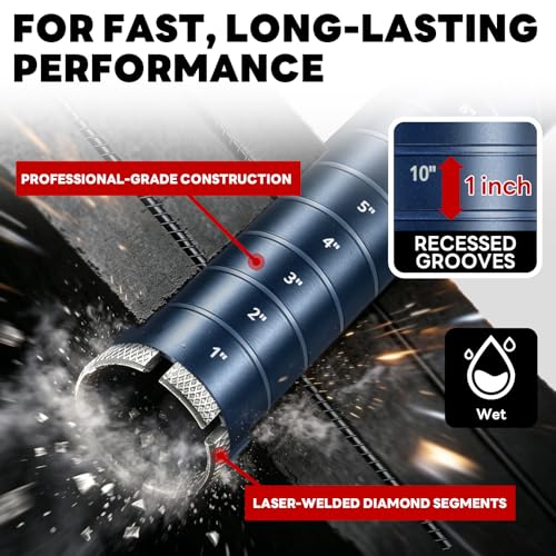 2" Core Drill Bit with Etched Depth Scale – Industrial for Reinforced Concrete, Brick Block, Masonry,1-1/4"-7 UNC,14" Drilling Depth, Precision-Welded & Aggressive Sharp 12mm Segments, Wet 2 Inch