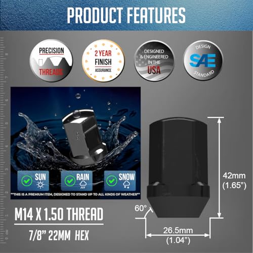 Wheel Accessories Parts 20 Pcs M14x1.5 14x1.5 Thread Premium OEM Style Lug Nuts 1.65" Long Black 7/8" 22mm Hex Fits Jeep Wrangler Gladiator ｜ RAM 1500 1500 Classic ｜ 6509422AA ｜ 611-330 20 Pack Factory Style - Snow Climate (Premium)