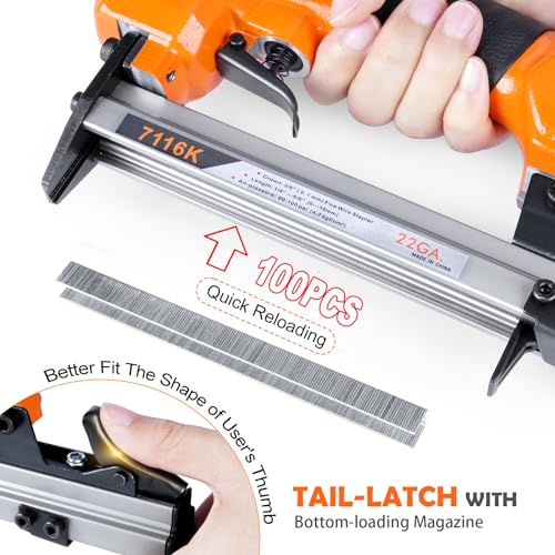 7116K Pneumatic Upholstery Stapler, Fine Wire Staple Gun, Stapler Kit with 10000pcs 3/8”(10mm) Leg Length，3/8”(9mm) Crown Staples for Woodworking