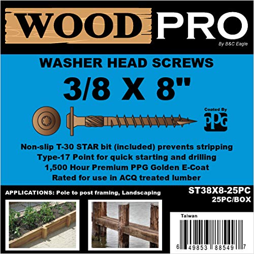 WoodPro Fasteners ST38X8-25PC 3/8-Inch by 8-Inch Length Round Washer Head Exterior Wood Screws, 25-Pack , Gold