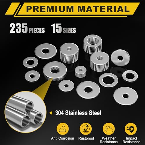 235Pcs Fender Washers, 304 Stainless Steel Flat Washers Assortment Kit, 15 Different Sizes M3 M4 M5 M6 M8 M10 M12 Metal Washers for Screws Bolts Hardware for Various Home Industrial Automotive 15 Sizes 235 Pieces