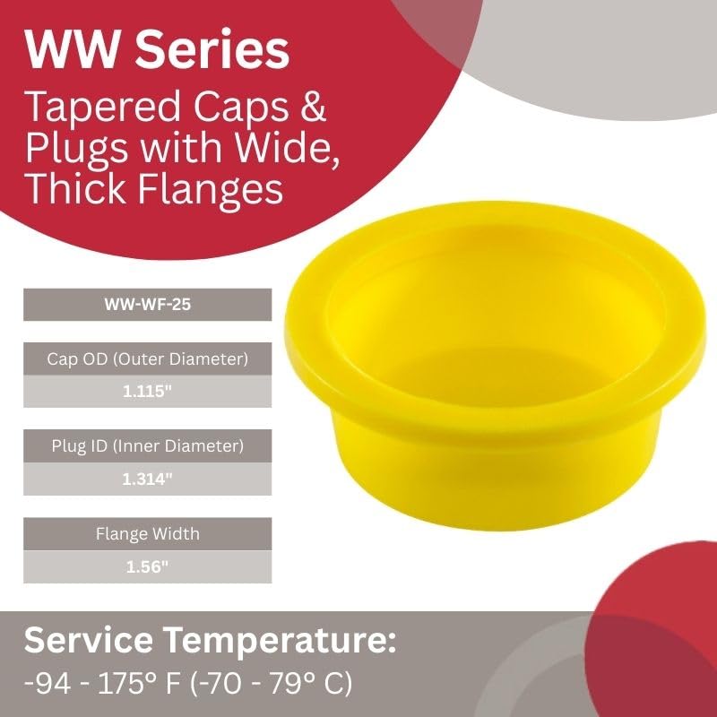 Caplugs WW-WF-25 WW Series, Plastic Tapered Cap & Plug with Wide Thick Flange, Yellow LD-PE, Cap OD 1.115" x Plug ID 1.314", Threaded and Non-Threaded Protection, Masking, Pack of 300 (QWF251AO1)
