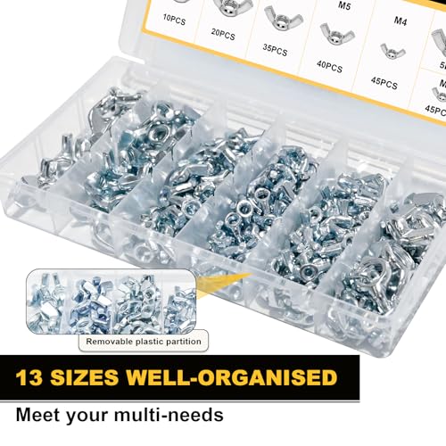Siptenk Wing Nuts 400PCS Metric & SAE Wingnuts Carbon Steel Zinc Plated 400 SAE & Metric