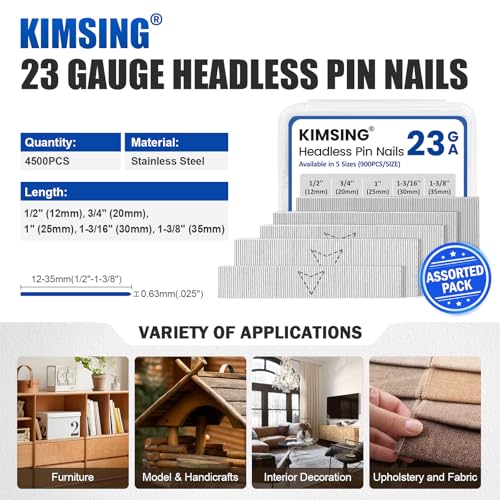 KIMSING P620 23 Gauge 3/4-Inch Length Pinner Headless Nails × 10,000PCS with 5 Sizes Assorted Stainless Steel Headless Pin Nails × 4,500PCS