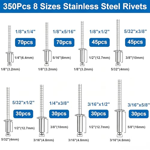 smseace 700Pcs 304 Stainless Steel Pop Rivets with Washer Assortment Kit 8-Sizes Stainless Rivets(1/8Inch 5/32Inch 3/16Inch) for Metal,Furniture,Automotive,Instruments Silver Stainless Steel 700Pcs 8-Sizes