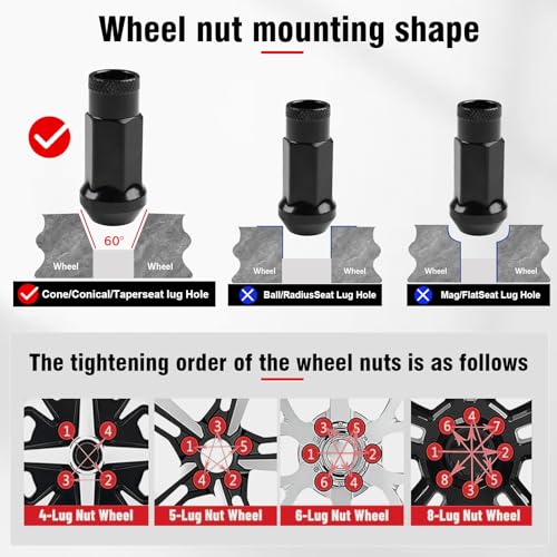 M12x1.5 Open End Lug Wheel Nut Set – 20 PCS Tapered Acorn Seat Wheel Nuts with Socket Key, Compatible with Toyota, Honda, Chevy, Ford, Hyundai, Lexus (Red M12 x P1.5) 12*1.5 Red