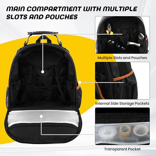 Tool Backpack Heavy Duty with Removable Organizer, Electrician Backpack for Tools with Multiple Pockets & Padded Shoulder for Plumber, HVAC, Cable Technician Yellow