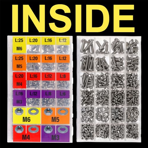 EEEEE 901pcs Phillips Pan Head Metric M3 M4 M5 M6, Machine Screw Assortment Kit Assorted Screws 304 Stainless Steel and Nut Set Flat Washers Nuts Hardware with Snap Lock Case Metric Pan Head Silver Machine Screw