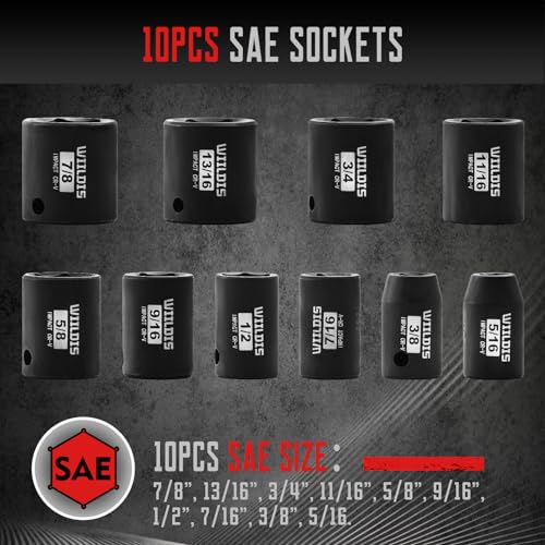 WIILDIS 26 PCS 3/8" Drive SAE and Metric Impact Socket Set, SAE 5/16” to 7/8", Metric 7mm to 22mm, Premium Cr-V Steel, 6-Point Hex Designt,Cr-V Steel 26-Piece