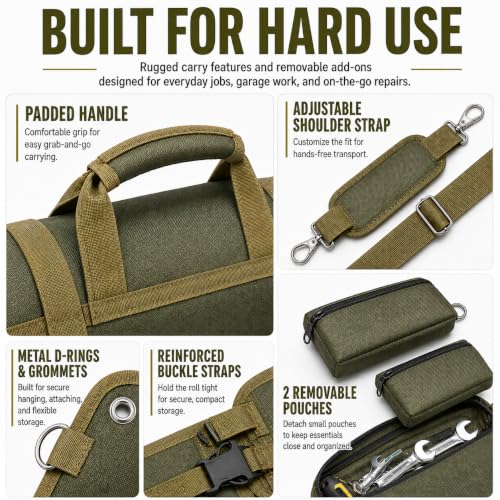 Roll Up Tool Bag, Heavy Duty Portable Organizer for Mechanic, Electrician, and Hobbyist, Green (Military Green-1680D) Military Green-1680D