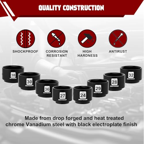 MIXPOWER 8 Pieces 3/8" Drive Low Profile Oil Filter Socket Set, 24mm, 27mm, 28mm, 29mm, 30mm, 32mm, 36mm, 38mm, Oil Filter Cap Remover and Installer Tool Set 8-Piece
