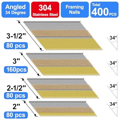 34-30 Degree Paper Framing Nails, 2"+2-1/2"+3"+3-1/2",400-Pack Assorted sizes--400 pcs