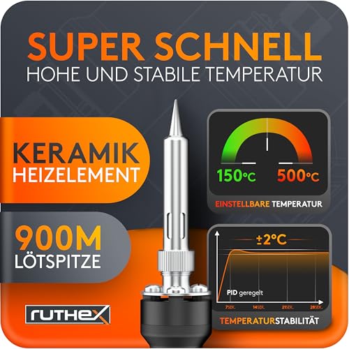 ruthex 900M Soldering Iron 90W with LED Display, Temperature Adjustable 150-500°C | Fast-heating soldering iron with stand, auto-sleep function, LED temperature display, soldering gun for 3D printing applications