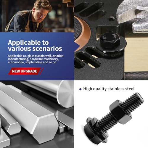 1/2-13 x 6 Hex Head Screw Bolt, Nuts, Flat & Lock Washers, 10Pcs 18-8 (304) Stainless Steel, Fully Threaded, Black Oxide by SG TZH 10 1/2-13 x 6"
