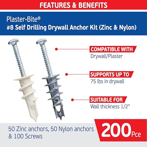Self-Drilling Drywall Anchor Kit Includes 50 Nylon & 50 Zinc Anchors w/ 100 Screws – Heavy DutyHollow Wall Anchor Kit for 3/8", 1/2", 5/8" Drywall – 75 lbs Holding Strength - Carrying Case PB-KIT