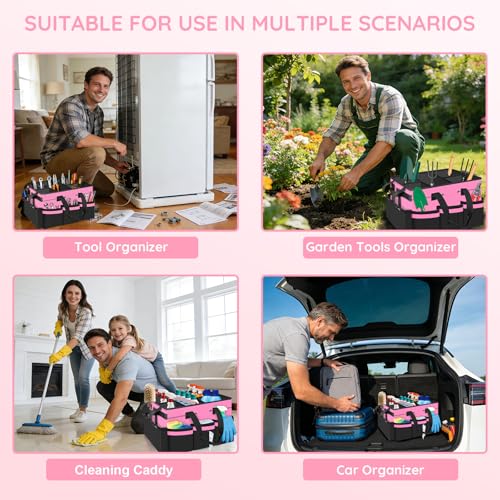 ZKOO Large Cleaning Caddy Bag with Handle, Portable Cleaning Supply Organizer Tote with Sturdy Support Board Adjustable Shoulder Strap, Multi-Compartment Storage for Housekeepers, Maids Cleaners, Pink