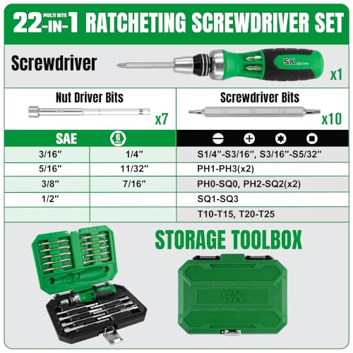 SK 22-in-1 Ratcheting Screwdriver with Nut Drivers, Multi Bit Screwdriver