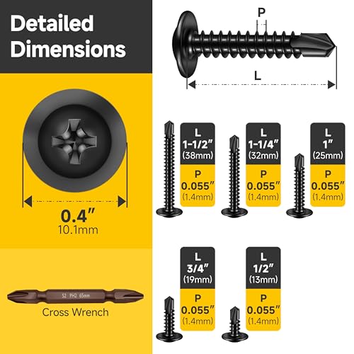 Mywish 145 Pieces #8 Self Tapping Screws Assortment Kit for Metal, Length 1/2"-1-1/2", 410 Stainless Steel Truss Head Self-Drilling Screws Black Oxided Quick Tapping Screw (Pack of 3) 145Pcs #8 7-Size Kit (Pack of 3)