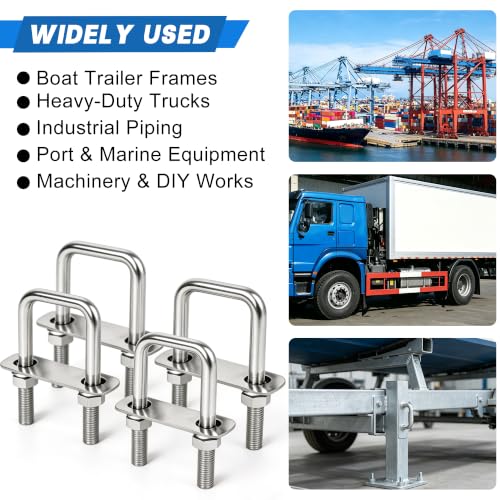 4 Sets M10 Square U-Bolts,304 Stainless Steel, 3-1/16"W×4-1/2"L M10x3-1/16 Wx 4-1/2"L