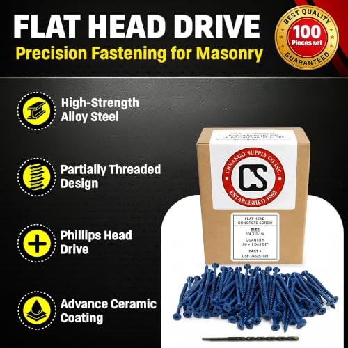 Flat Head Concrete Screw Anchor (1/4 x 3-1/4") 100 Pieces with Drill Bit(Miami-Dade Compliant) Chenango Supply