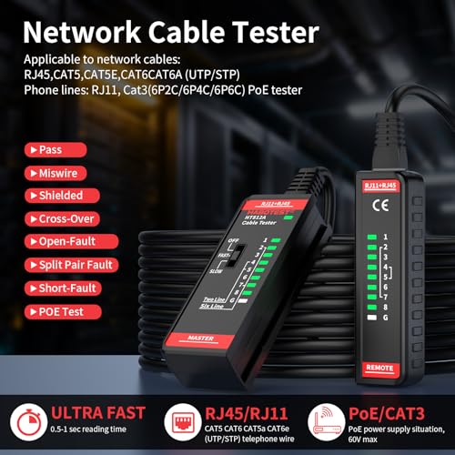 Network tester, LAN cable tester RJ11 RJ45 for CAT5 CAT5E CAT6 CAT6A CAT7 cables, Ethernet network cable tester, continuity tester, telephone cable tester