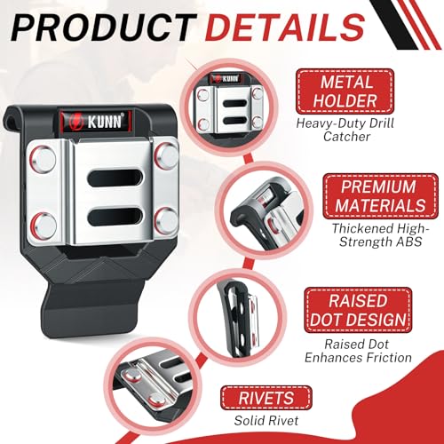KUNN Drill Holder for Tool Belt, Single Pack Drill Belt Clip & Tape Measure Holster + 2-Pack Tape Measure Holder for Belt, Value Set of Tape Measure Clips & Holsters