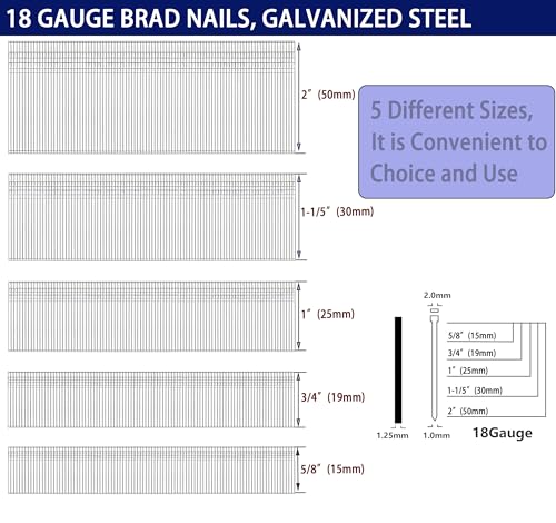 HW HAMWOO 18 Gauge Brad Nails, 2", 1-1/5", 1", 3/4", 5/8",5000pcs 5 Sizes（2",1-1/5",1",3/4",5/8")