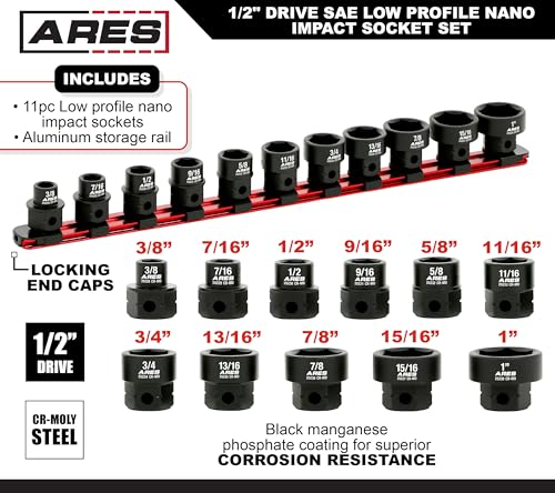 ARES 29021 11-Pc 1/2in SAE Nano Sockets, Low Profile, w/Rail 11-Piece SAE Nano Impact Socket Set