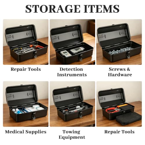 Small Metal Tool Box 12 Inch Metal Box with Lid Steel Tool Box 1PCS Black 12IN