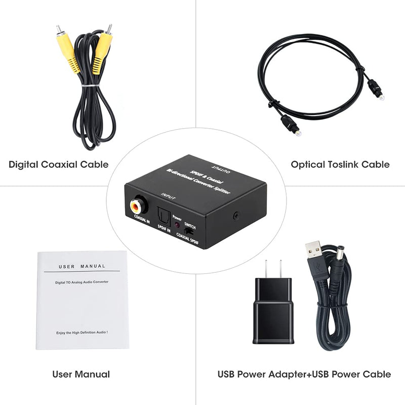 Optical-to-Coaxial or Coax-to-Optical Digital Audio Converter Adapter, Bi-Directional Digital Coaxial to/from SPDIF Optical (Toslink) Audio Converter with Fiber Optic and Coaxial Cable by ROOFULL Mini Digital Optical to/from Coaxial (+ Audio Cables)