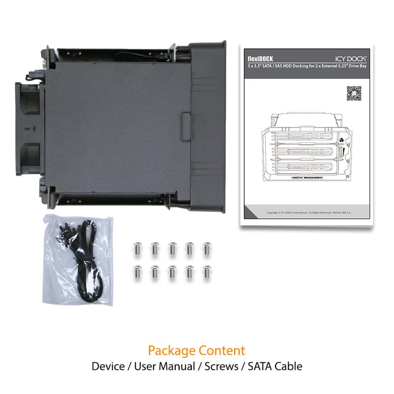 ICY DOCK Hot Swap 3 Bay 3.5 Inch SATA/SAS HDD Docking Enclosure Mobile Rack in 2 x 5.25 Inch Drive Bay (Include 3X SATA Cables) | flexiDOCK MB830SP-B