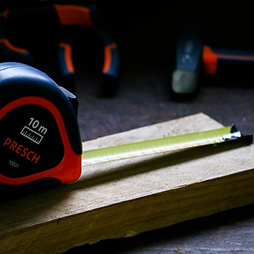 Presch Tape Measure 10 m - Robust Professional Tape Measure Riveted with Belt Clamp and Reel System - Roll Meter 10 m with Lock