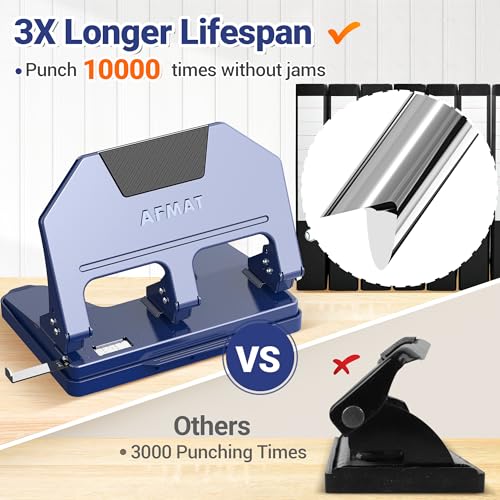AFMAT 3 Hole Punch, 9/32" Holes, 40-Sheet 3 Hole Puncher for Binder, 50% Reduced Effort, Metal Heavy Duty Three Hole Punch w/ 10,000+ Uses, Bulit-in S.S. Paper Guide, Large Chip Tray, Blue, HPX3 40-Sheet Capacity