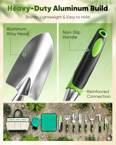 Garden Tool Set Gardening Tools - Heavy Duty Aluminum Tool Kit with Non-Slip Handle, Gardening Gloves and Tool Bag for Weeding, Planting and Pruning, Gifts for Women Mom (Green Set) GREEN SET