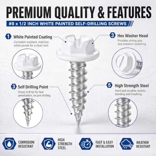 Shimeyao 1000 Pack #8 x 1/2" White Painted Self Drilling Screws, Hex Washer Head Self-Tapping Sheet Metal Screws, Corrosion Resistant Fasteners for Roofing, Siding, HVAC and Construction