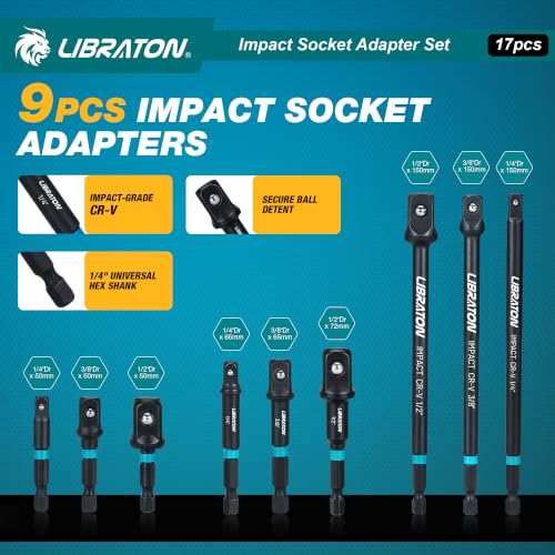 LIBRATON 17PCS Impact Socket Adapter Set, 1/4 3/8 1/2 Square Drive