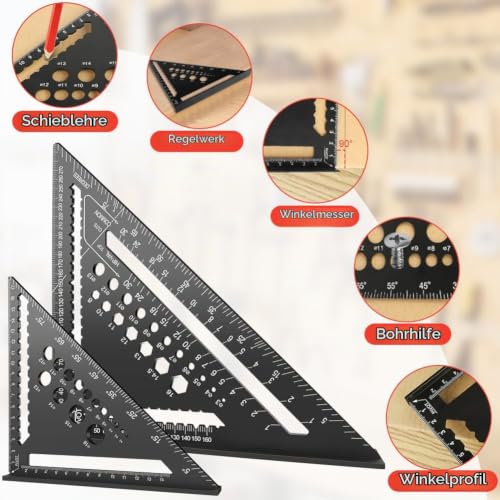flintronic Carpenter's Square Set, 2 Pieces, Multifunctional Try Square, 18 cm + 30 cm, Aluminum Ruler Angle Guide Including Flat Carpenter's Pencil for Measuring Angles (Black) #A black 30 cm + 18 cm ruler + 2 x pencils