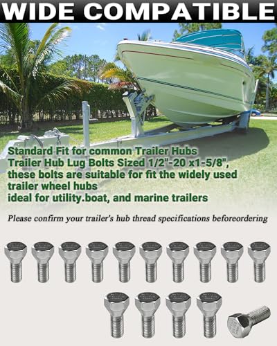 15 Pack 11062A Trailer Lug Bolts 1/2"-20 x 1-5/8" Solid Zinc-Plated Steel, Fits 5-Lug Hubs for Boat & Utility Trailers 15