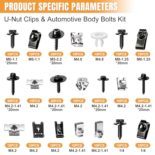 mankk 260PCS U‑Nut Clips and Fender Body Bolt Assortment Kit, 21 Sizes Mixed‑Spec Auto Fasteners, Black Phosphate Steel Retainer Clips for Car Truck Motorcycle Bumper Fender Mud Flap Repair Black&Silver-21 Sizes Kit