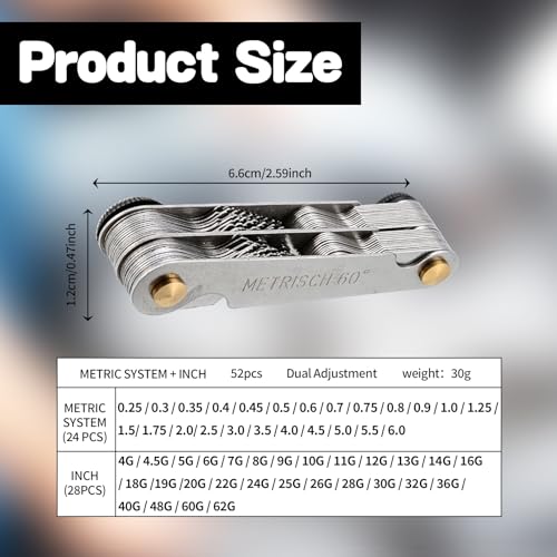 52 Sheets Thread Gauge, Metric Inch, Stainless Steel Thread Gauge, Metric 60 Degrees, Thread Template, Fine Thread Measuring Tool, Radius Gauge Measuring Tool, Feeler Gauge for Precision Measurements