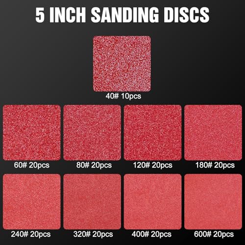 170 Pcs 5 inch Sanding Discs 40-600 Grit Assorted 170 Pcs-MIX Grit Aluminum Oxide
