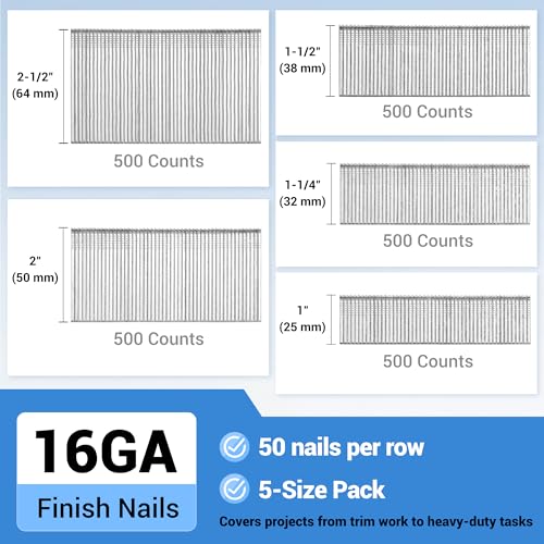 meite 16 Gauge Finish Nails, Total 5,000 Counts – 1-3/16" (2,500 Counts) and Assorted 5 Sizes (1", 1-1/4", 1-1/2", 2", 2-1/2" Each Size 500), Galvanized Straight 16GA Finish Nails for Finish Nailers