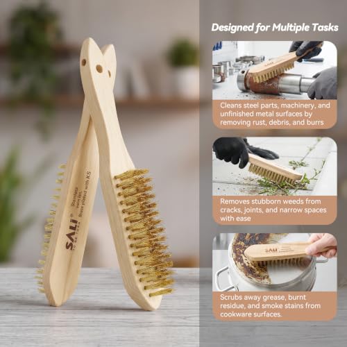 SALI Wire Brushes for Cleaning Rust Removal Plated Copper Bristles Tool for Automotive,Paint , Welding Slag,Grill,Household Clean 11" Long Curved Beechwood Handle , 14X4 Rows Bristles Pack of 12