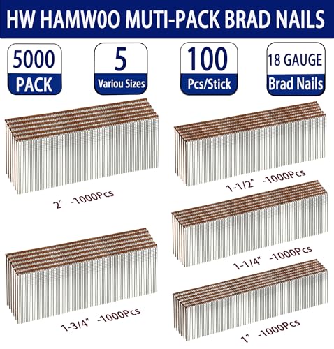 HW HAMWOO 18 Gauge Brad Nails,Galvanized,1"+1-1/4"+1-1/2"+1-3/4"+2":5000pcs Assembly--5000pcs