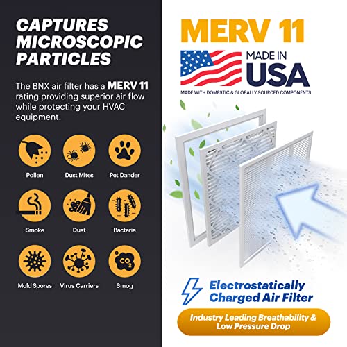 BNX TruFilter 20x20x1 Air Filter MERV 11 (6-Pack) - MADE IN USA - Allergen Defense Electrostatic Pleated Air Conditioner HVAC AC Furnace Filters for Allergies, Dust, Pet, Smoke, Allergy MPR 1200 FPR 7 20x20x1 6-Pack