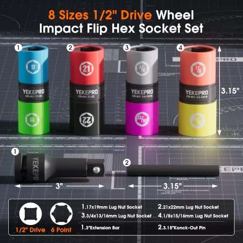 6PCS Lug Nut Socket Set, 1/2" Drive Impact Flip Socket Set
