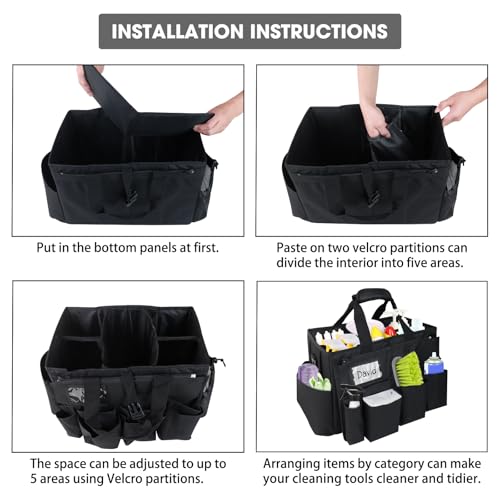 ZKOO Cleaning Bag Cleaning Caddy Organizer, Wearable Cleaning Caddy with Waist & Handles for Cleaning Tool Organizers, Extra-Large Cleaning Caddy Bag Adjustable Compartments for Housekeeping,Gardening Black