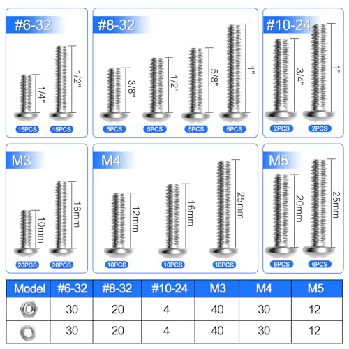 237PCS Machine Screws Nuts and Bolts Assortment Kit, 304 Stainless Steel Bolts 8 Sizes #6-32#8-32#10-24 Phillips Pan Head Hardware Screws + 408PCS Machine Screws Nuts and Bolts Assortment Kit,