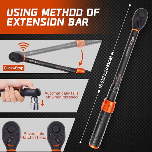 1/2-Inch Drive Click Torque Wrench, 10-180 Ft-Lb/13.6-244.0 Nm, Dual-Direction 72-Tooth Ratchet, ±3% Precision with Dual Scale Torque Wrenches for Bike, Motorcycle & Car 1/2" 1 PC